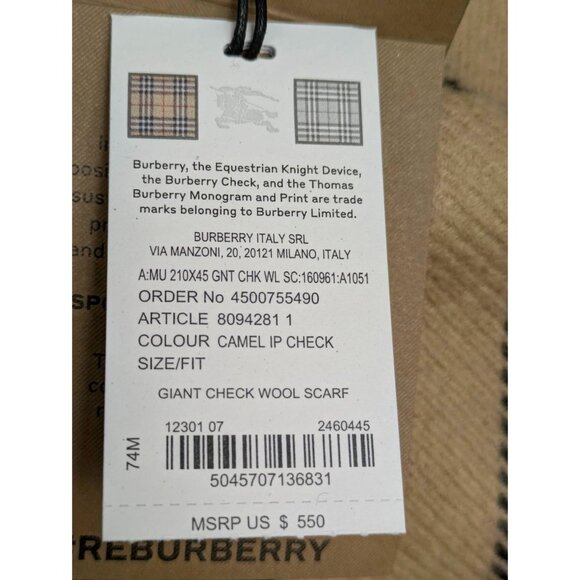 Burberry Giant Check Wool Scarf Camel 210*45cm 8094281 - Picture 6 of 7